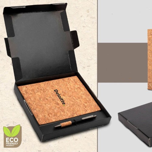 Cork Notebook With Cork Grip Velvet Touch Pen | Gift Set In Black Texture Box