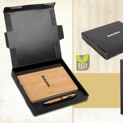 Bamboo Notebook With Bamboo Pen | Gift Set In Black Texture Box