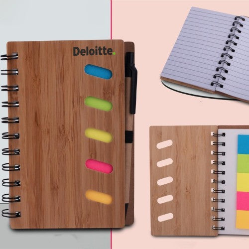 Bamboo Notebook With Sticky Notes And Pen- Size 4.5”x6”