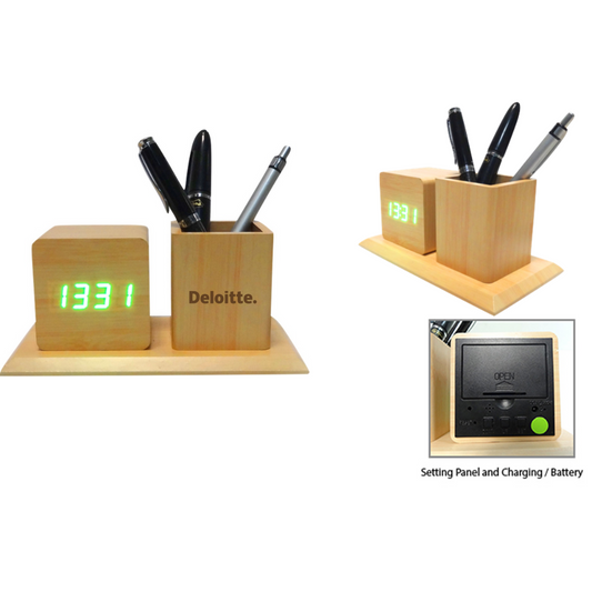 Wood Finish Digital Clock With Pen Stand