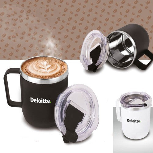Oscar: Stainless Steel Coffee Mug With Handle | Premium Clear Cap With Flip Top Lid | Leakproof