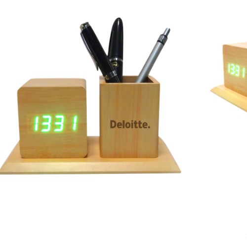 Wood finish digital clock with pen stand